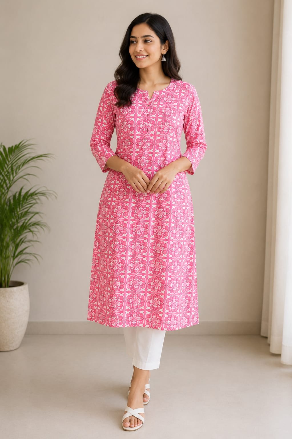 Pink and White Geometric Floral Printed Straight Kurti for Women