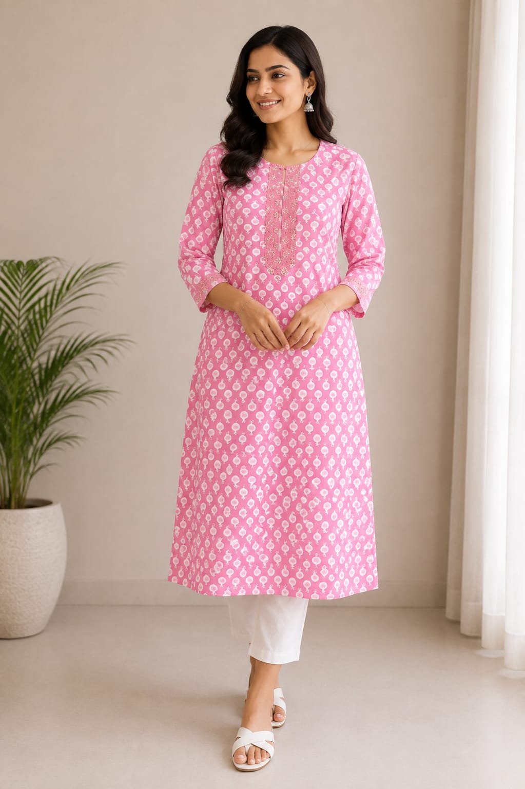 Pink and White Ethnic Motif Printed Straight Kurti for Women