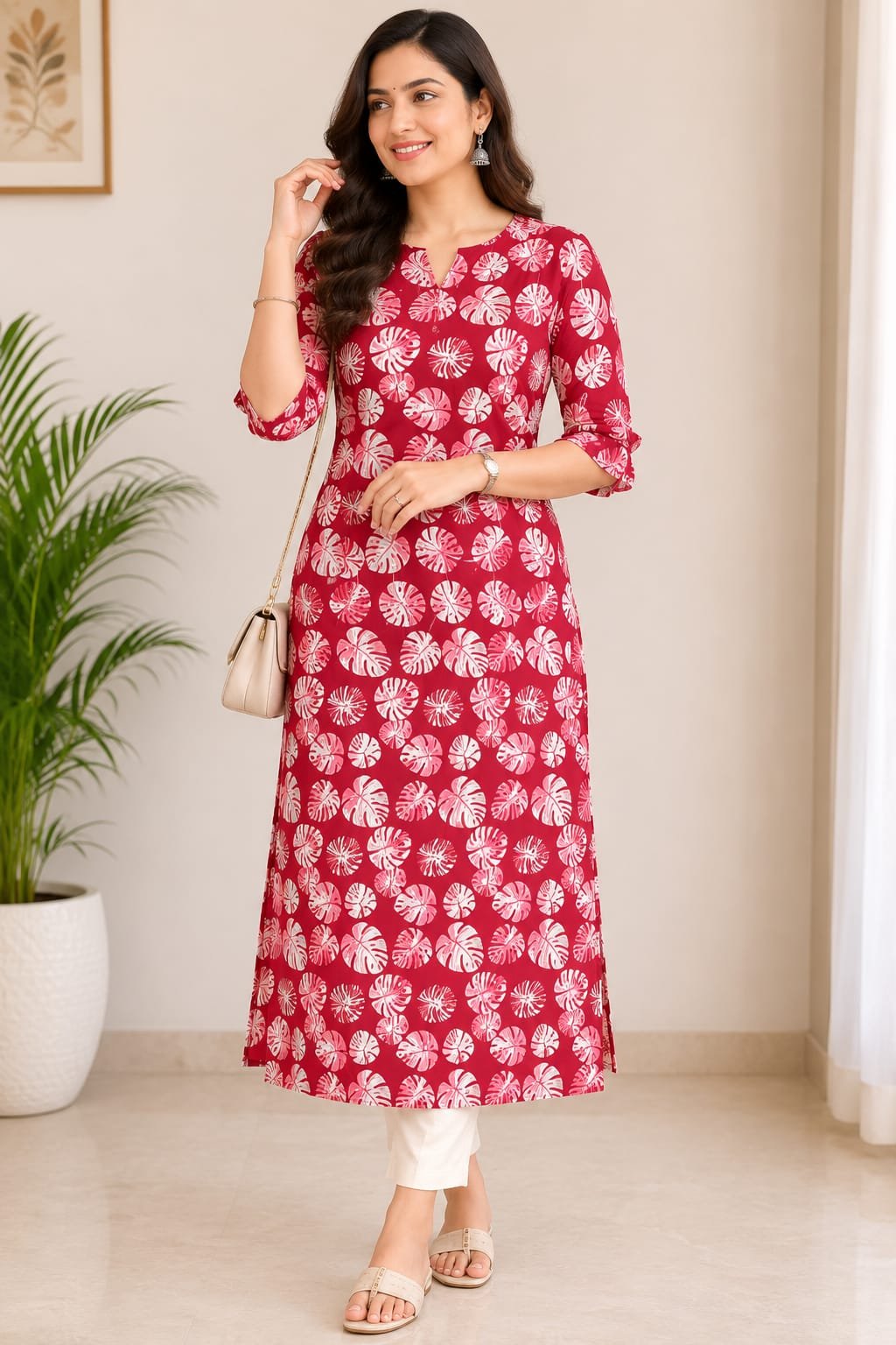 Red and White Tropical Leaf Printed Straight Kurti for Women