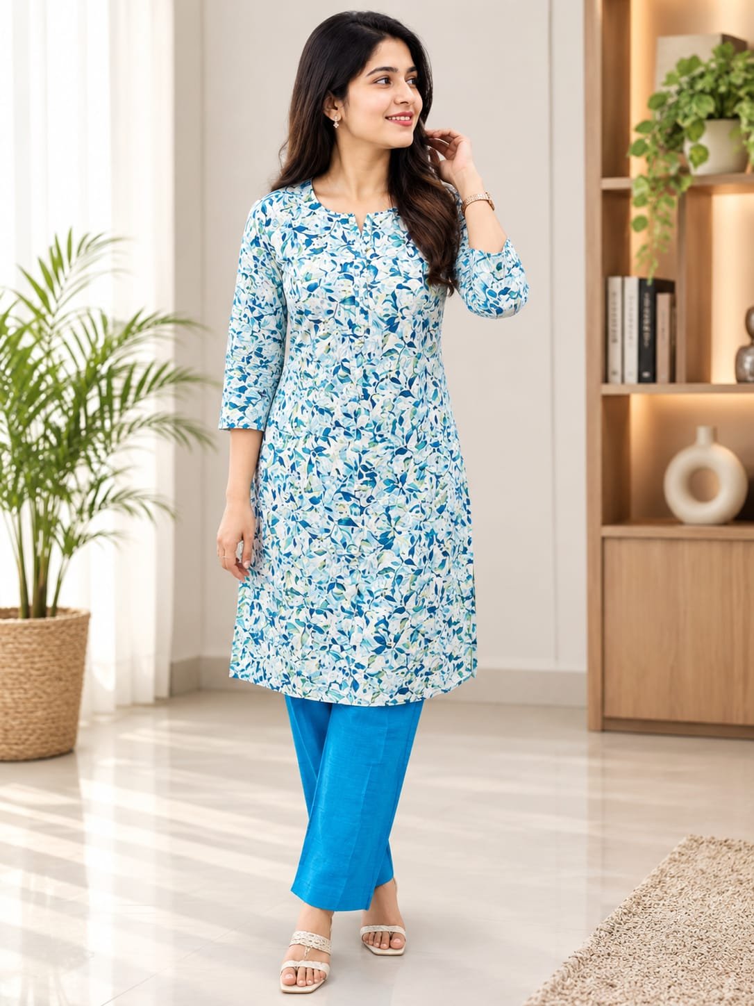 Blue Floral Printed Straight Kurti with Matching Pants – Top & Bottom Set