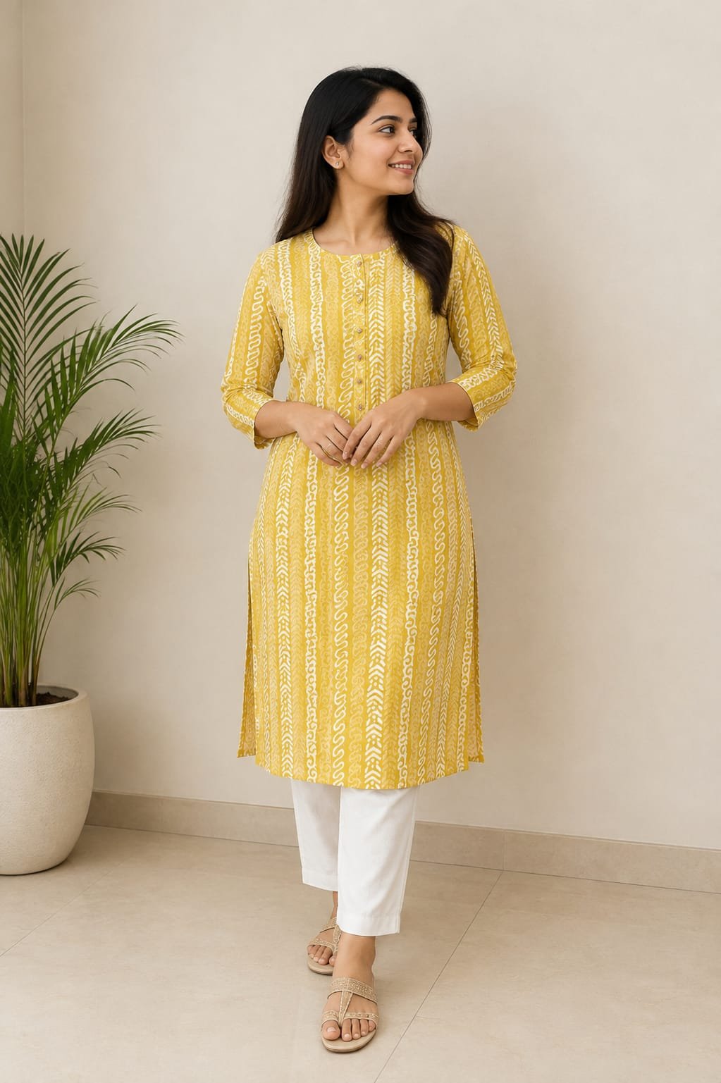 Mustard Yellow and White Printed Straight Kurti for Women