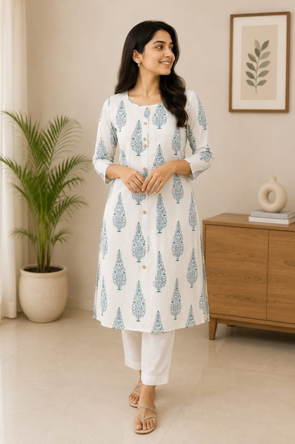 White and Teal Ethnic Motif Printed Button-Down Kurti for Women