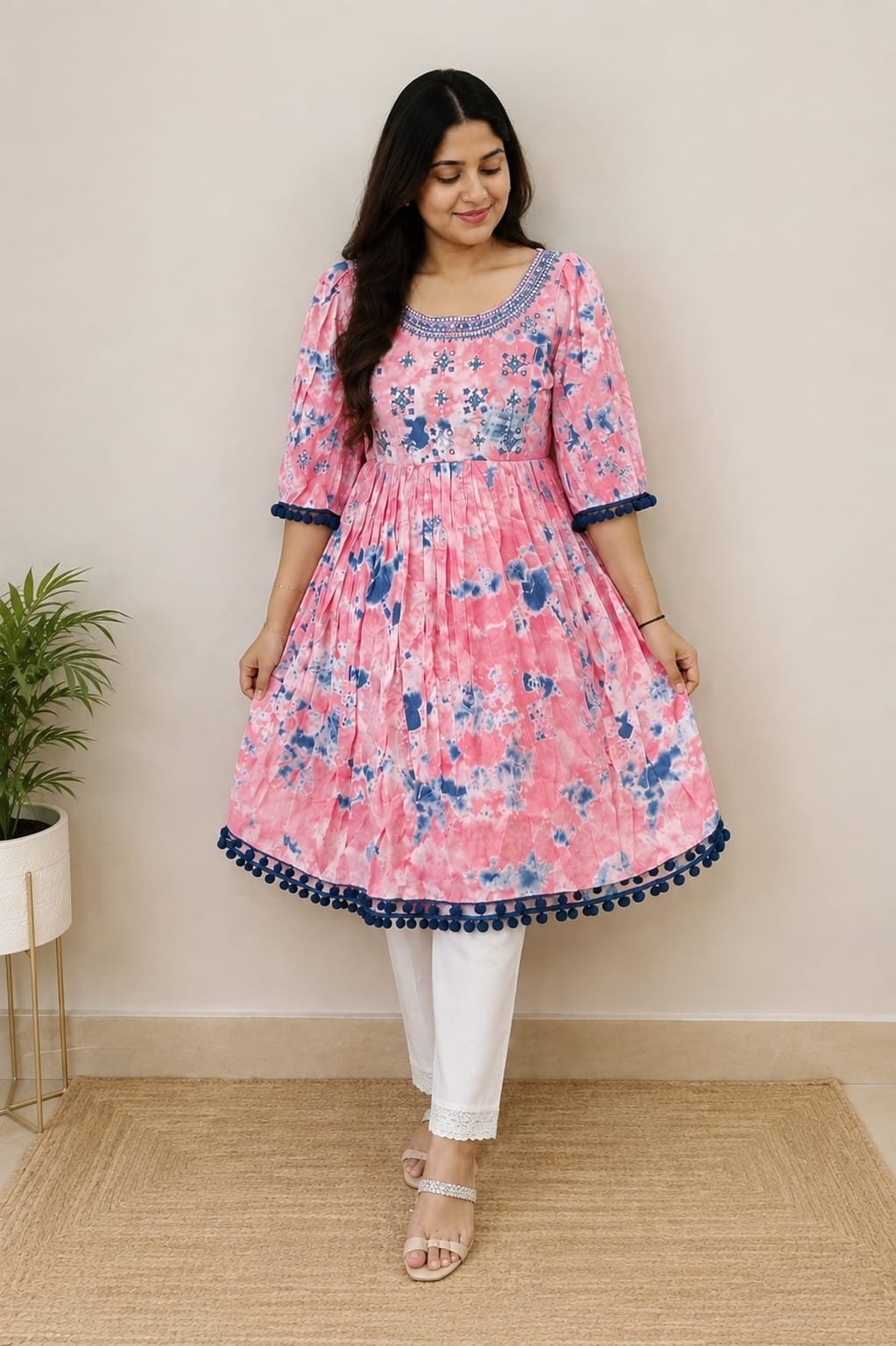 Pink and Blue Tie-Dye Printed Flared Kurti for Women