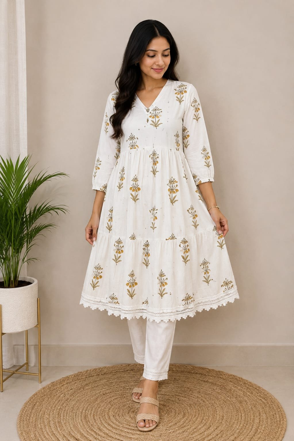 Ivory Floral Printed Tiered Anarkali Kurti for Women