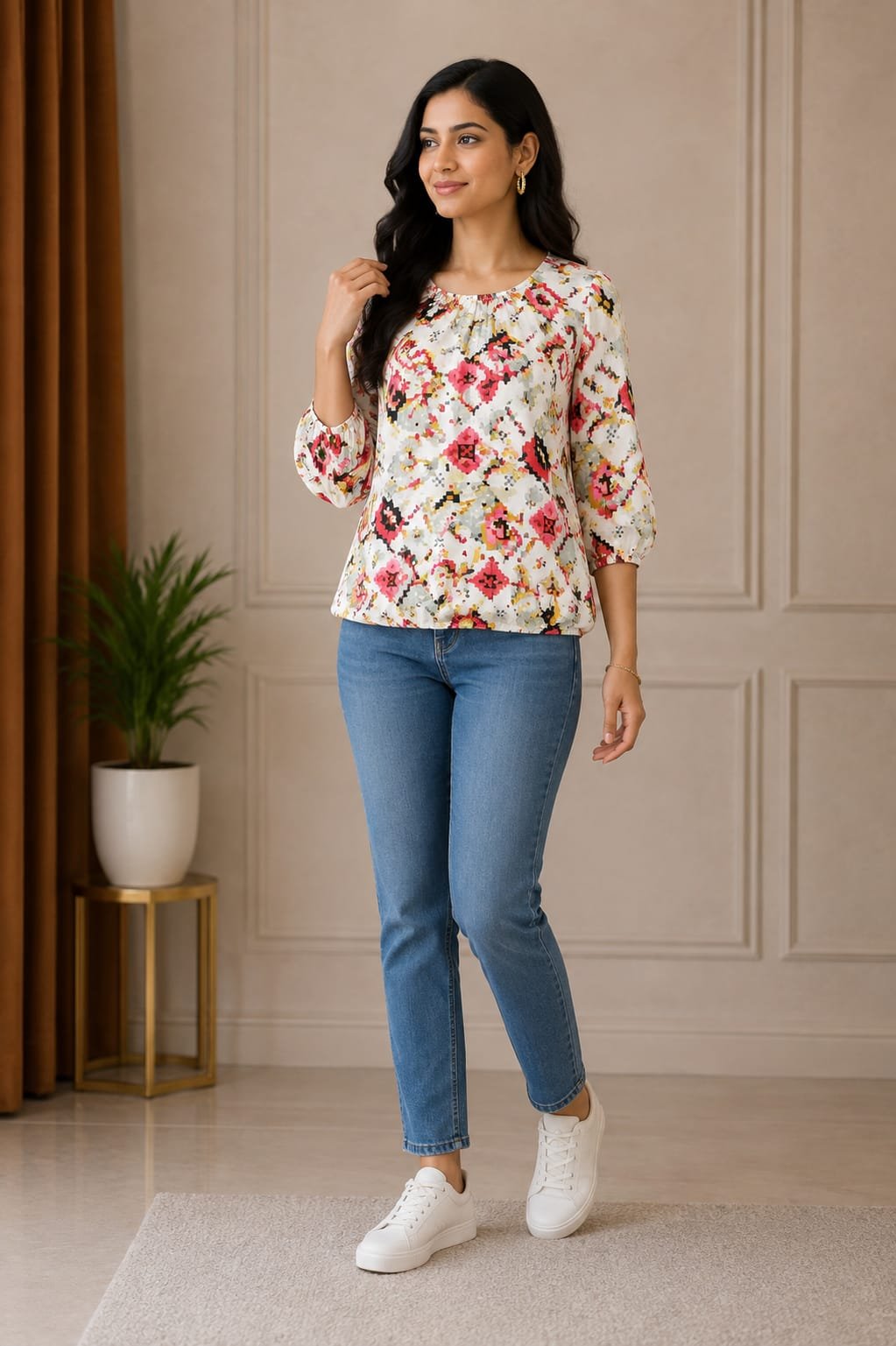 Floral Printed Women’s Casual Top with 3/4 Sleeves