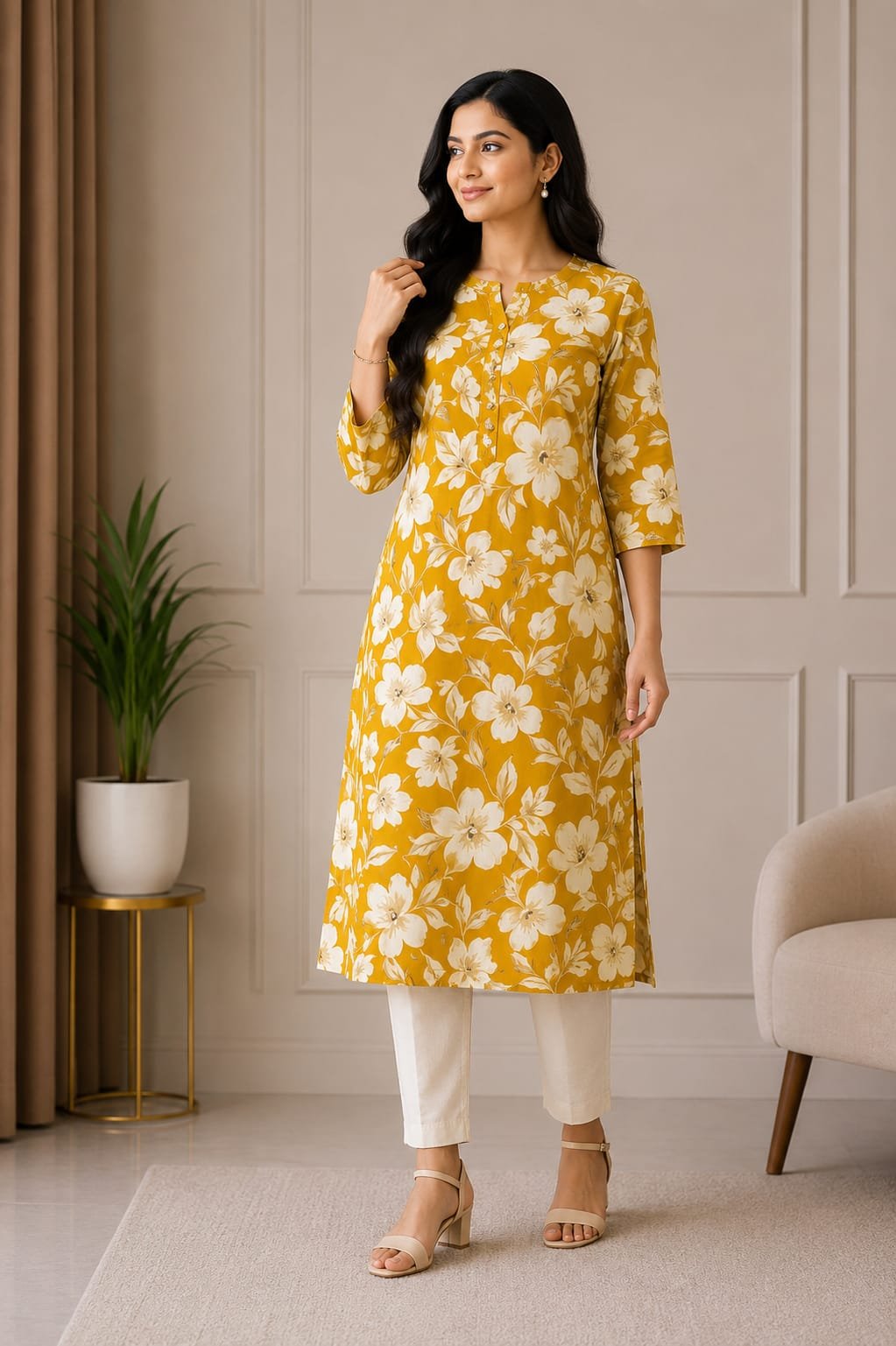 Elegant Mustard Yellow Floral Printed Women’s Kurti