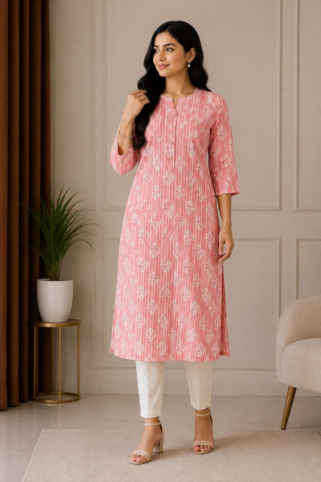 Elegant Pink Printed Women’s Straight Kurti