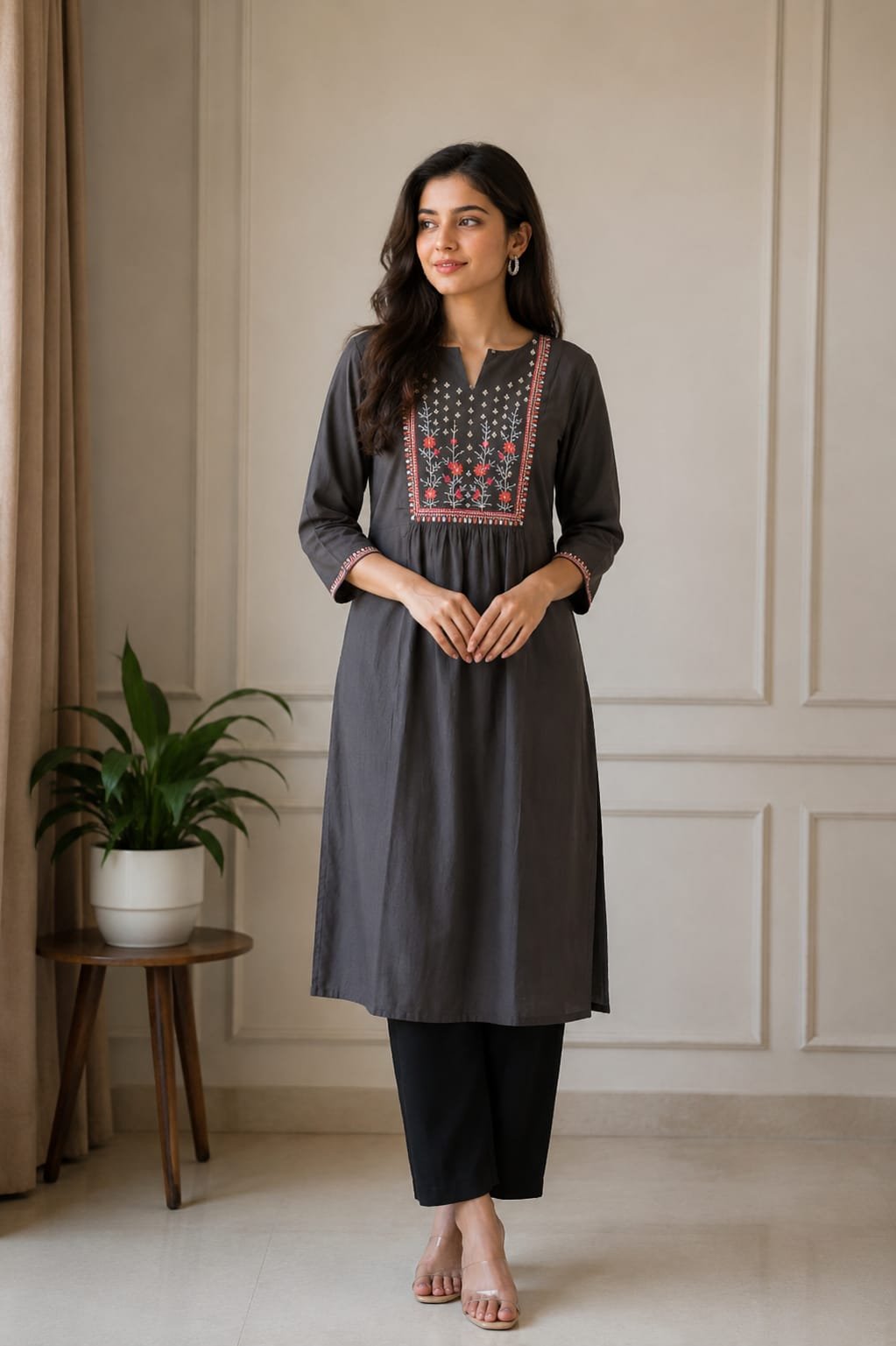 Elegant Charcoal Grey Embroidered Women’s Kurta