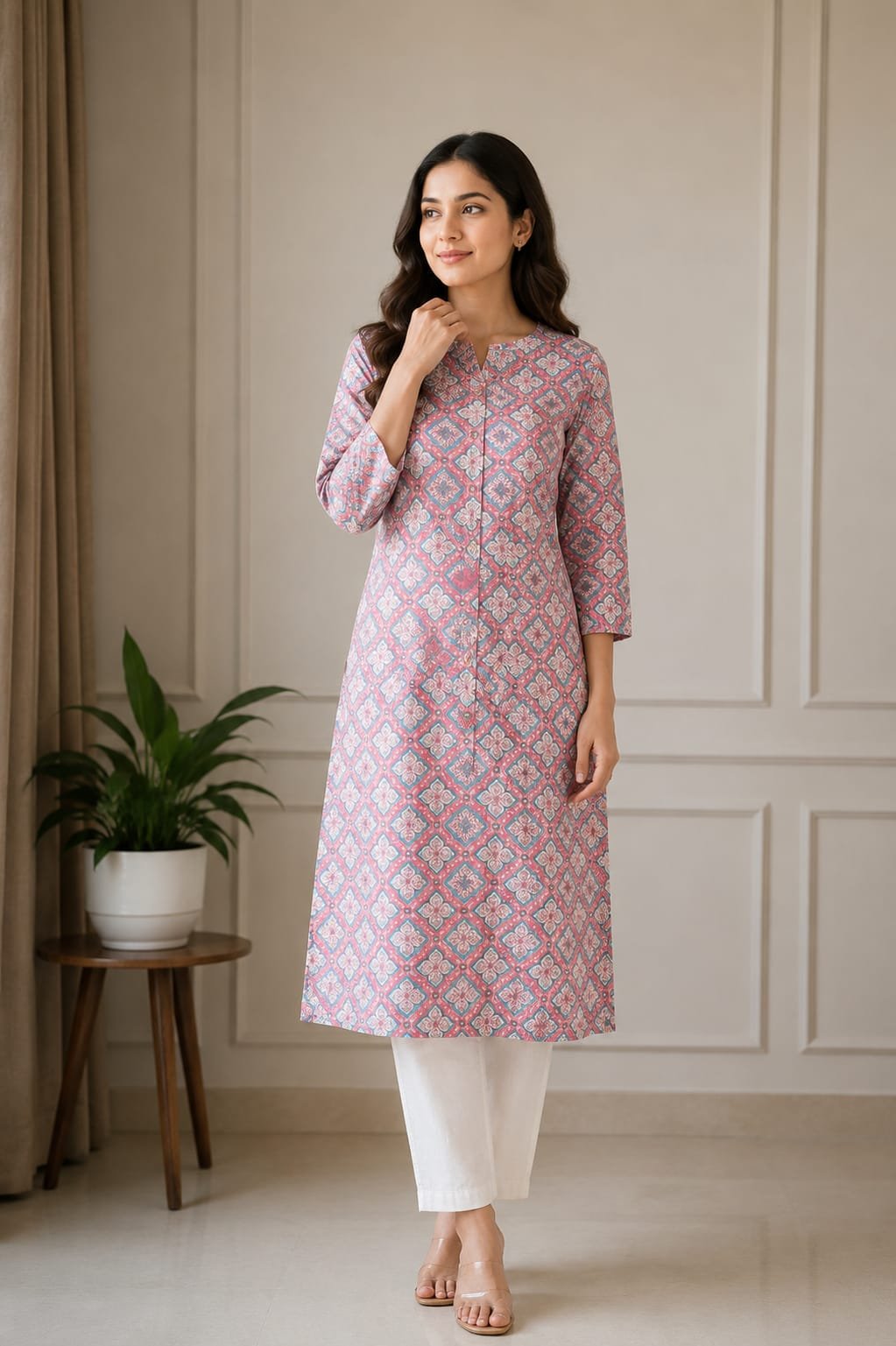 Elegant Pink & Blue Printed Women’s Straight Kurti