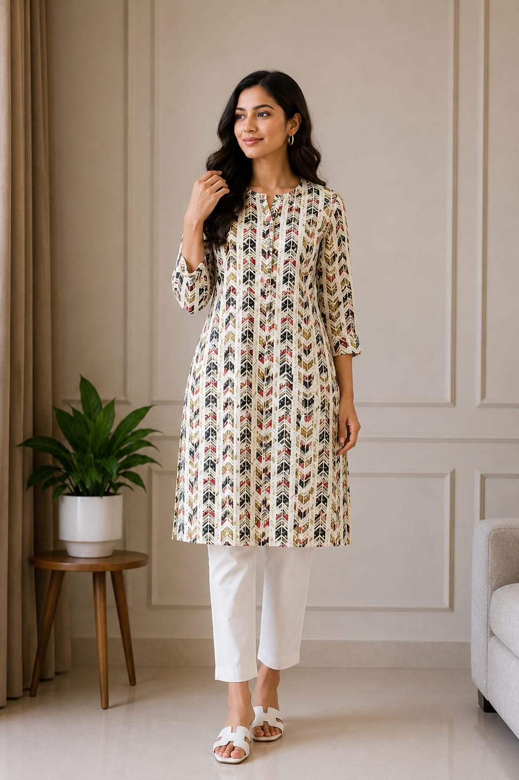 Cream Printed Women’s A-Line Kurti