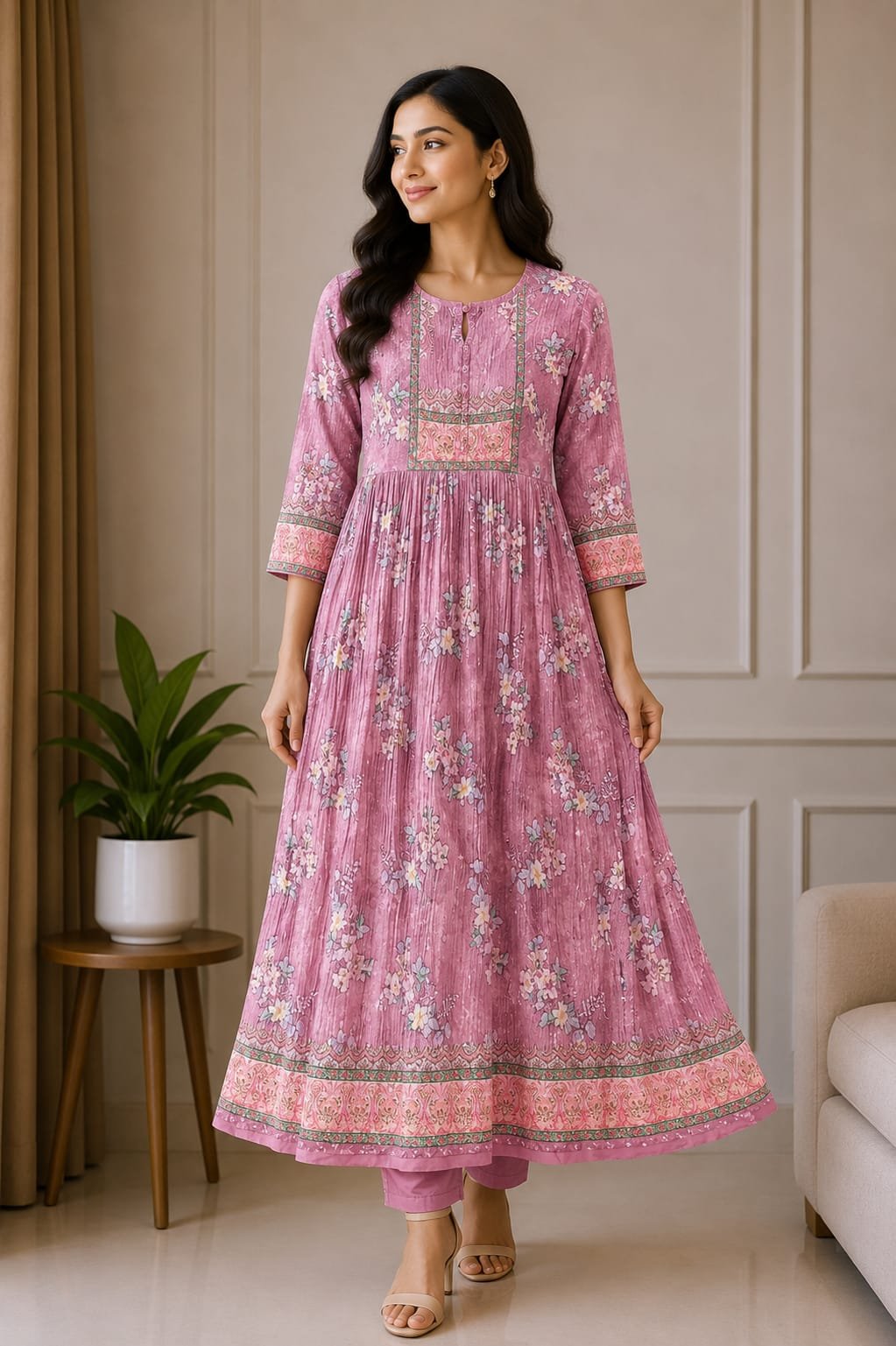 Pink Floral Printed Anarkali Kurti