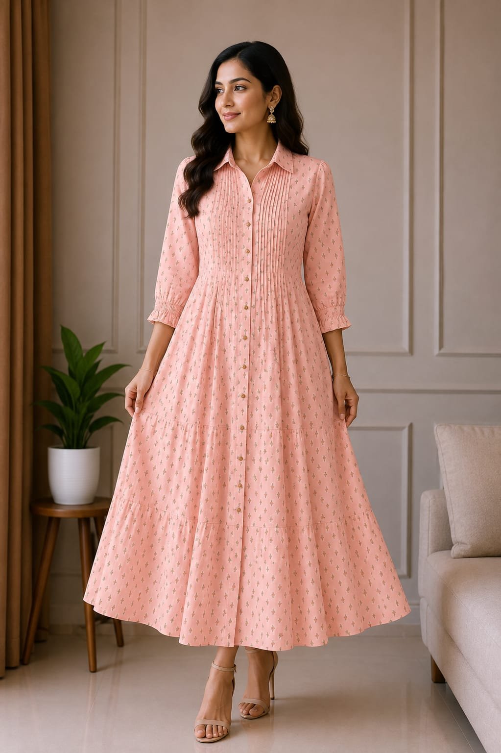 Peach Pink Printed Tiered Maxi Dress