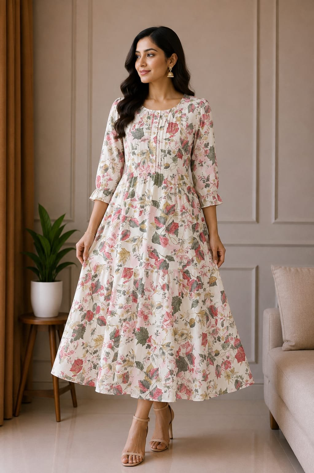 Elegant White Floral Printed Anarkali Dress