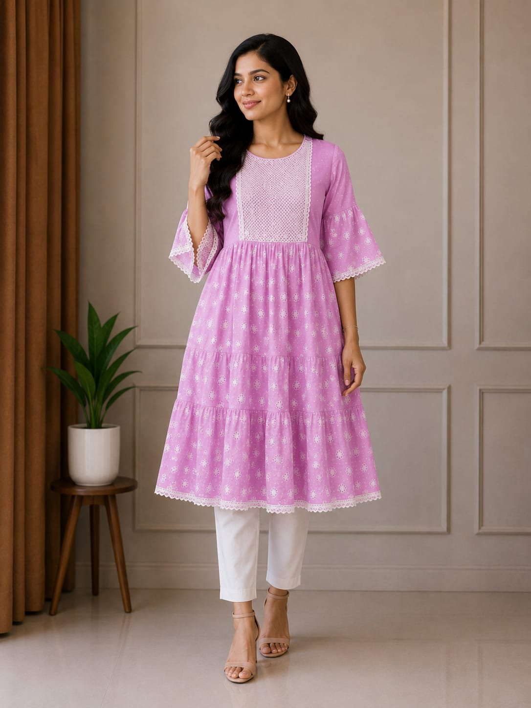 Lavender Pink Printed Tiered Kurta Set