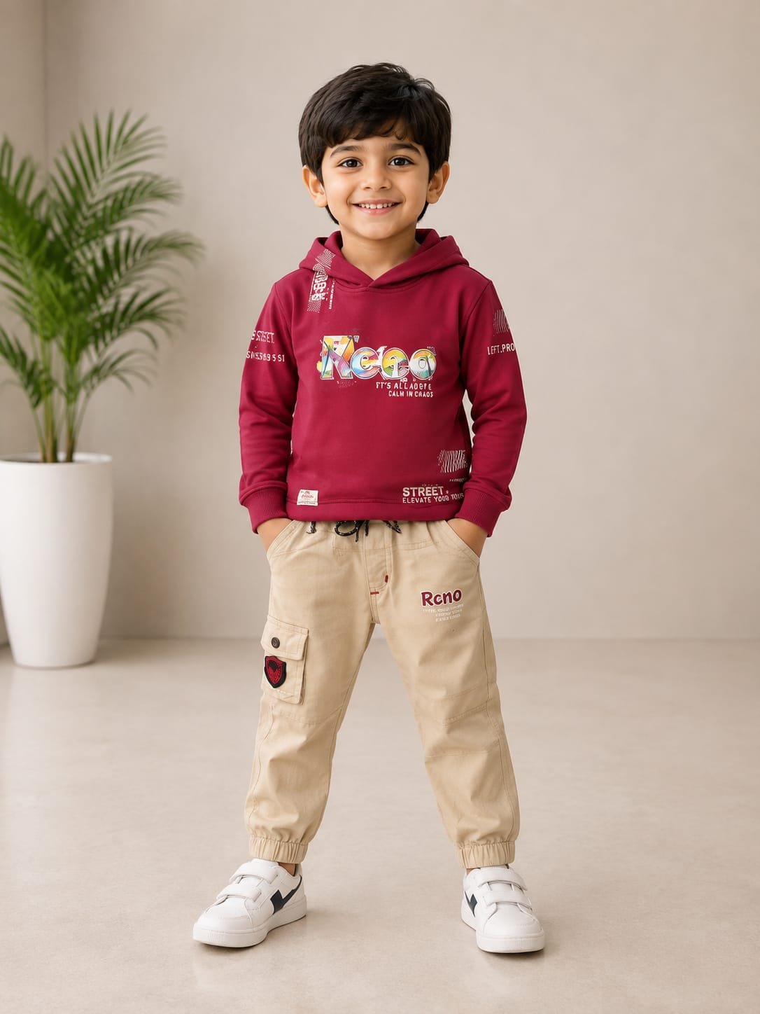 Boys’ Maroon Graphic Hoodie with Beige Jogger Set