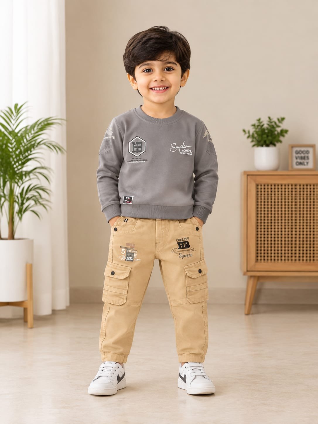 Boys’ Grey Printed Sweatshirt with Beige Cargo Pants