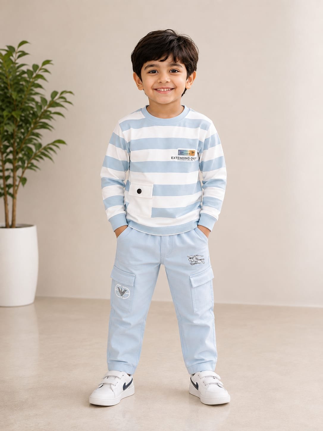 Boys’ Sky Blue Striped Sweatshirt with Matching Cargo Joggers