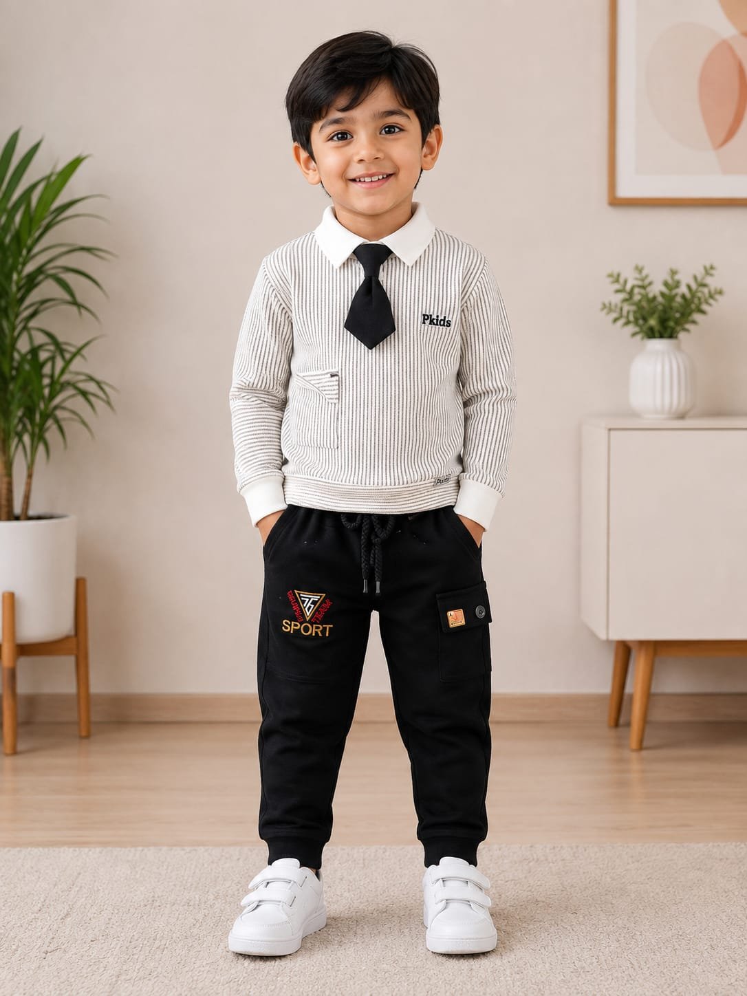 Boys’ Striped Collar Sweatshirt with Black Cargo Joggers
