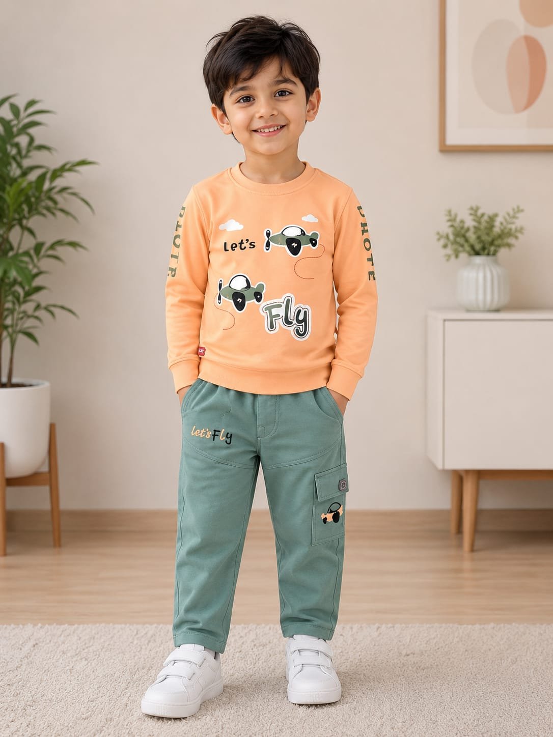Boys’ Peach Graphic Sweatshirt with Sage Green Cargo Pants