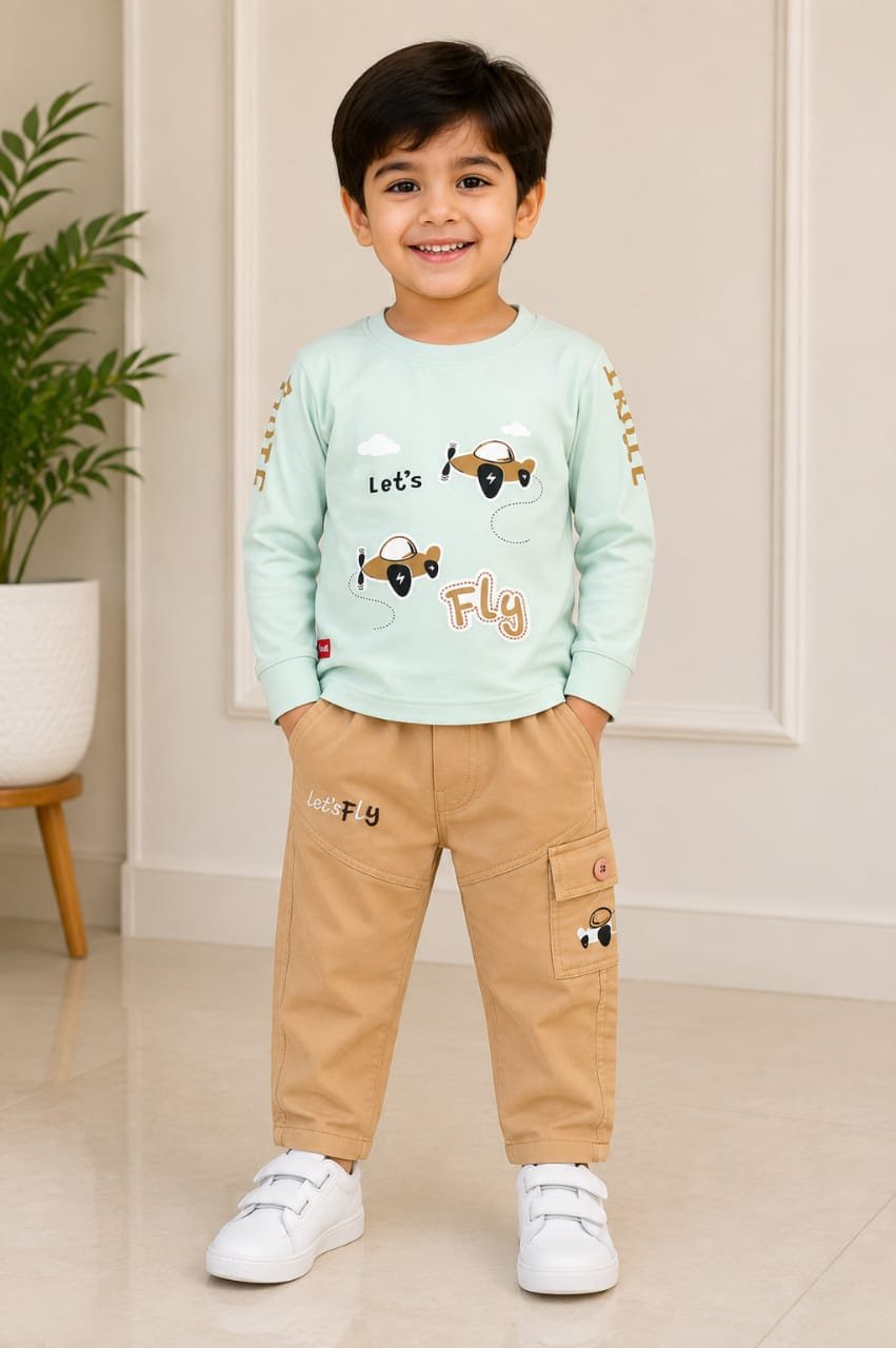 Boys’ Mint Green “Let’s Fly” Sweatshirt & Beige Cargo Pants Set
