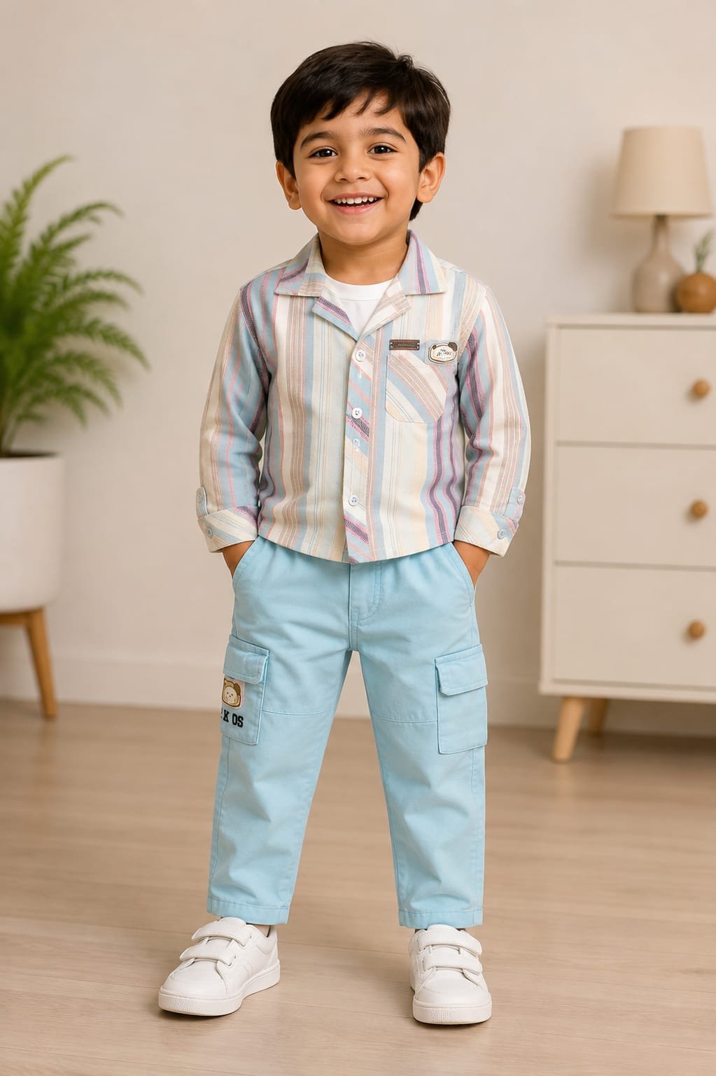 Boys’ Pastel Striped Shirt & Light Blue Cargo Pants Set