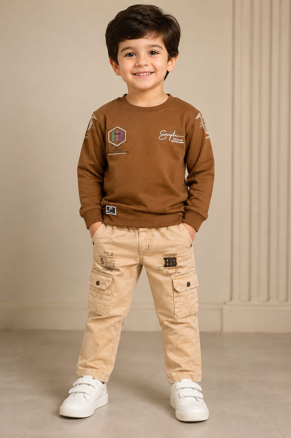 Boys’ Brown Graphic Sweatshirt & Beige Cargo Pants Set