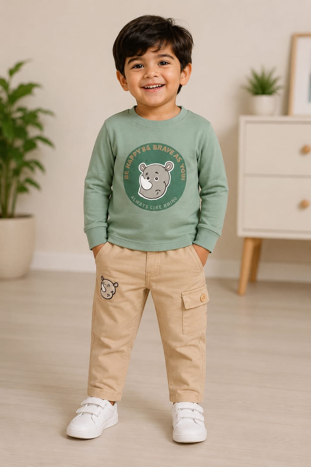 Boys’ Green Rhino Graphic Sweatshirt & Beige Cargo Pants Set