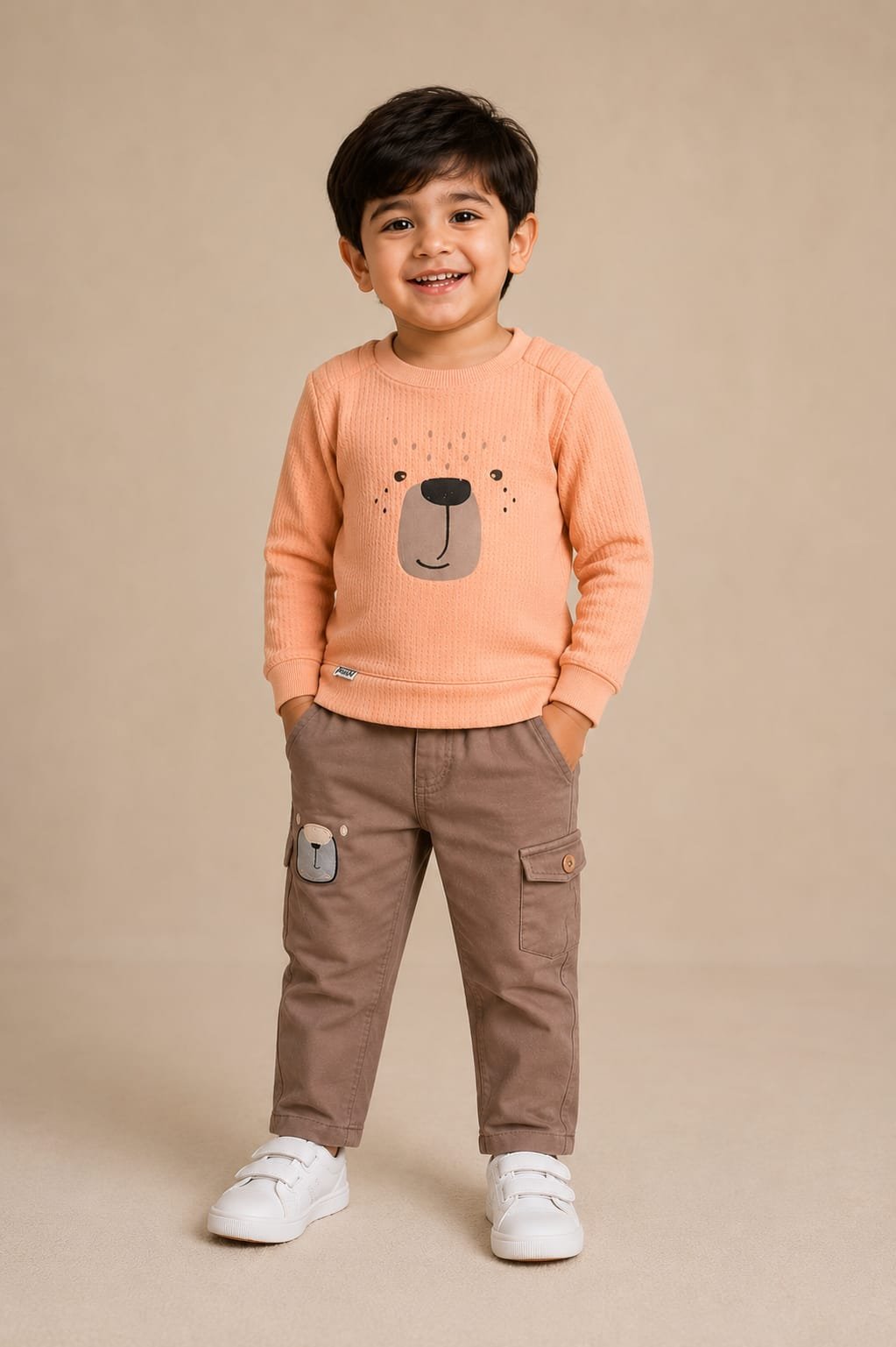 Boys’ Peach Bear Graphic Sweatshirt & Brown Cargo Pants Set
