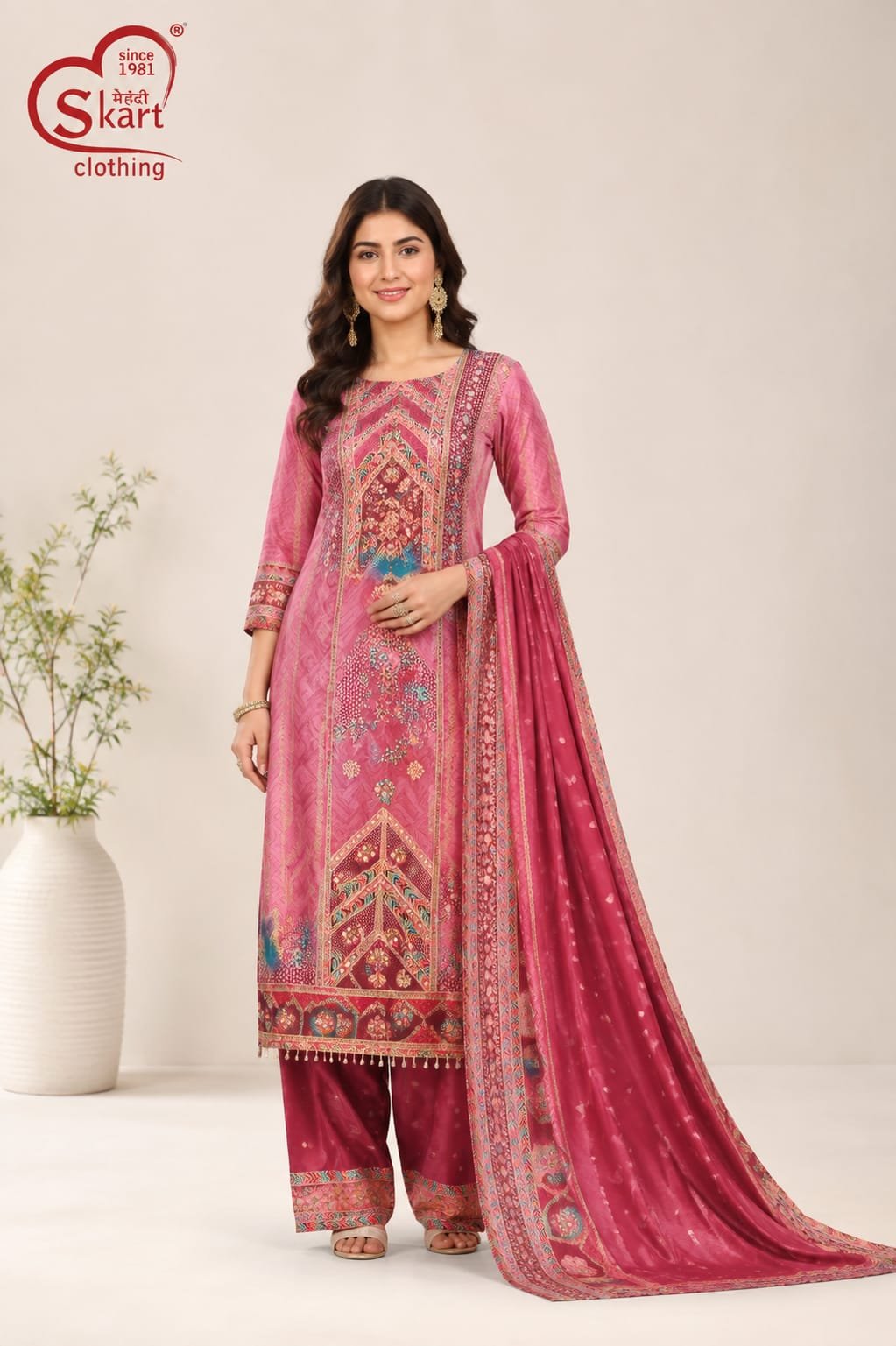 Women’s Pink Printed Straight Kurta Palazzo Set with Dupatta