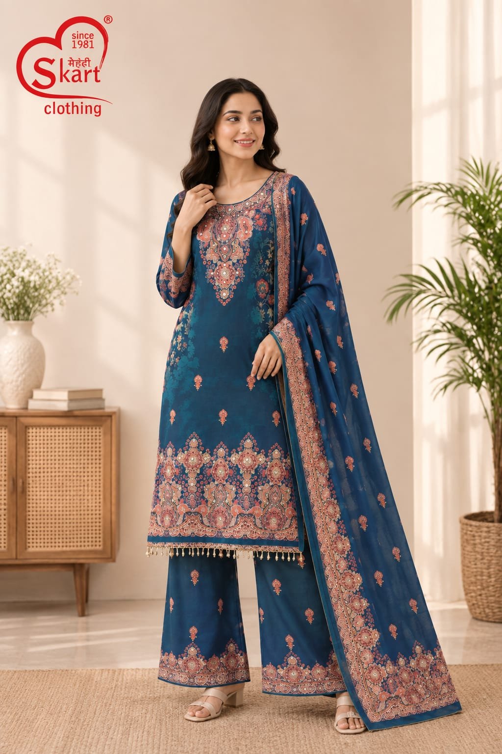 Women’s Blue Printed Kurta Palazzo Set with Dupatta