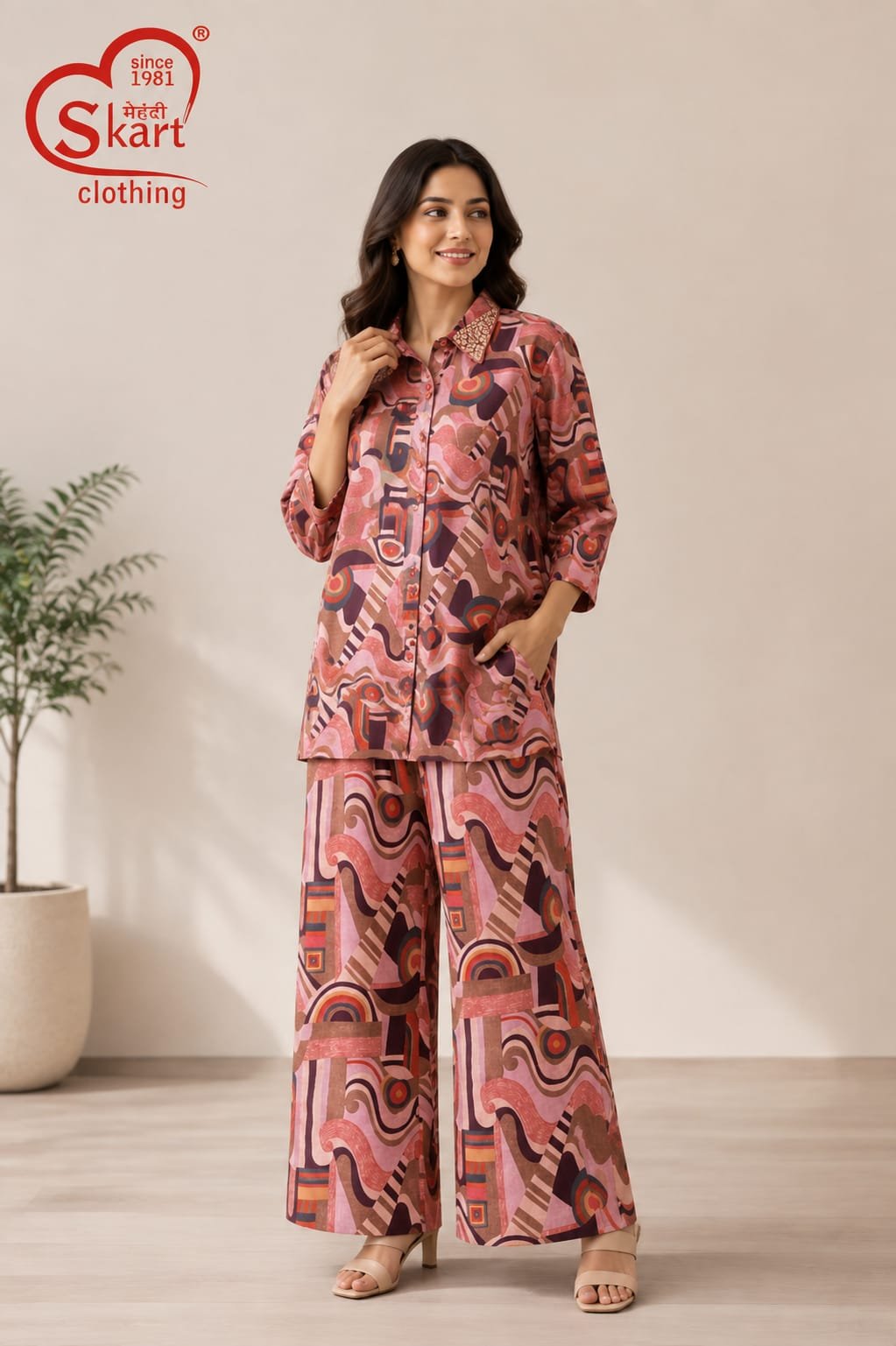 Women’s Pink Printed Shirt Style Co-Ord Set with Wide-Leg Pants