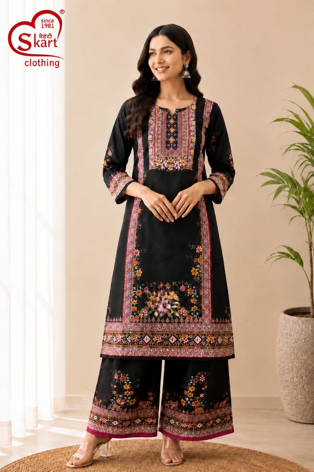 Women’s Black Floral Printed Kurta Palazzo Set