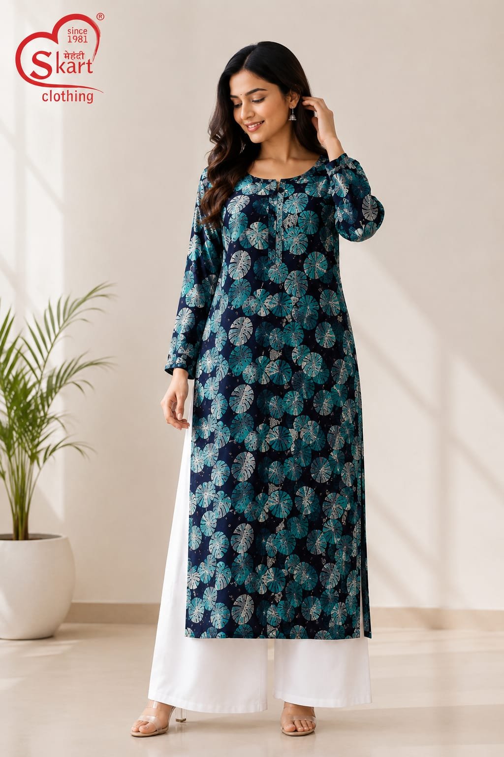 Women’s Navy Blue Floral Printed Kurta with White Palazzo