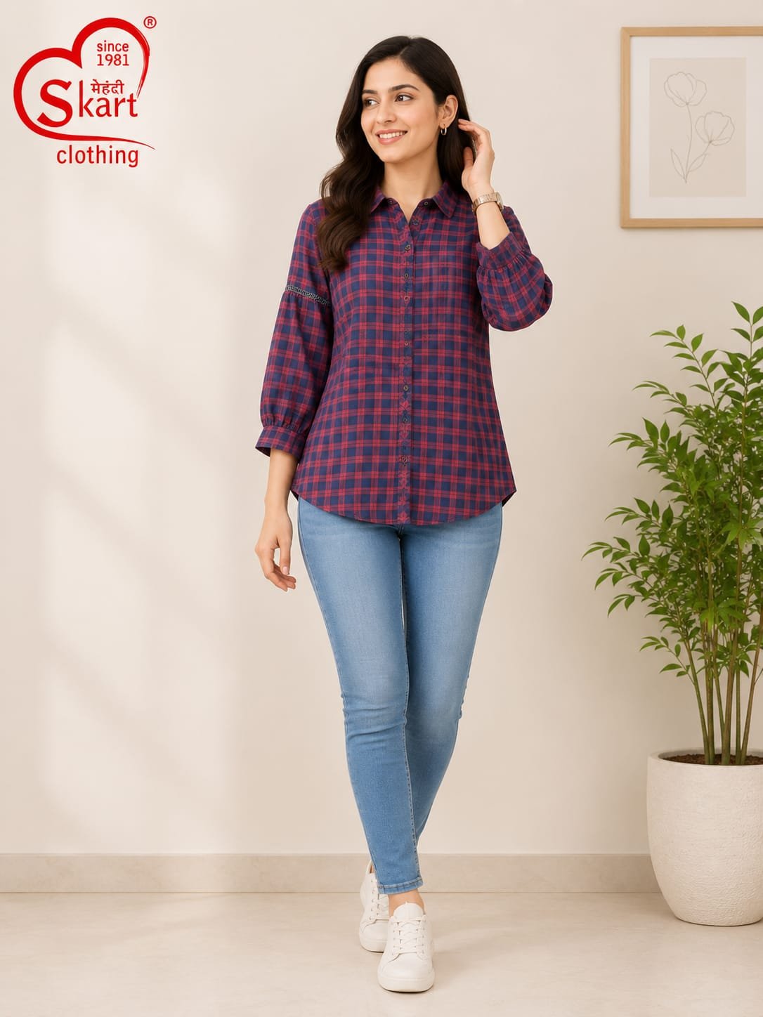Stylish Navy Blue & Red Checkered Women’s Shirt