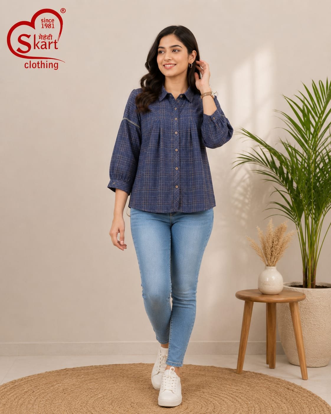 Elegant Navy Blue Checkered Women’s Casual Shirt
