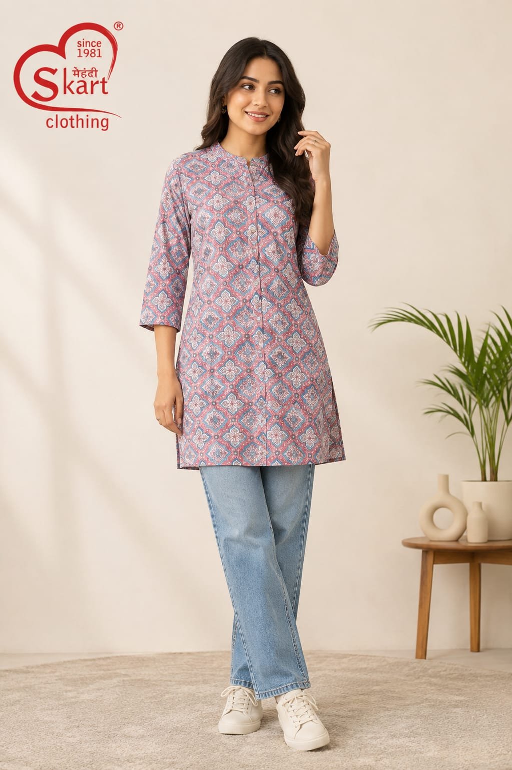 Stylish Pink & Blue Geometric Printed Women’s Kurti