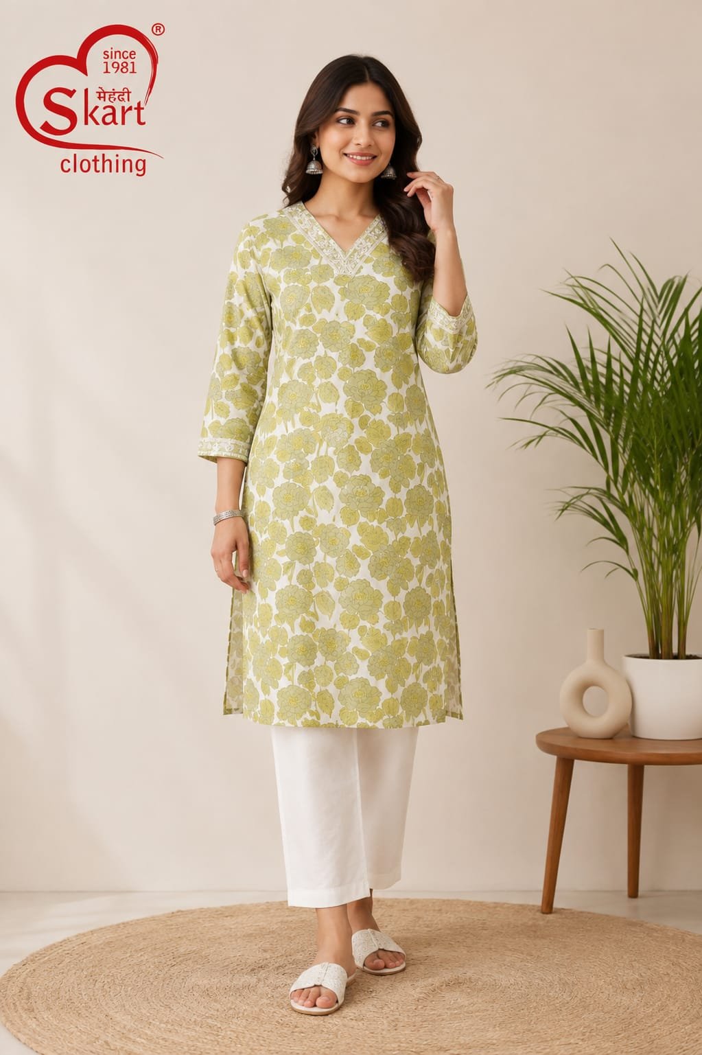 Elegant Olive Green Floral Printed Women’s Kurti