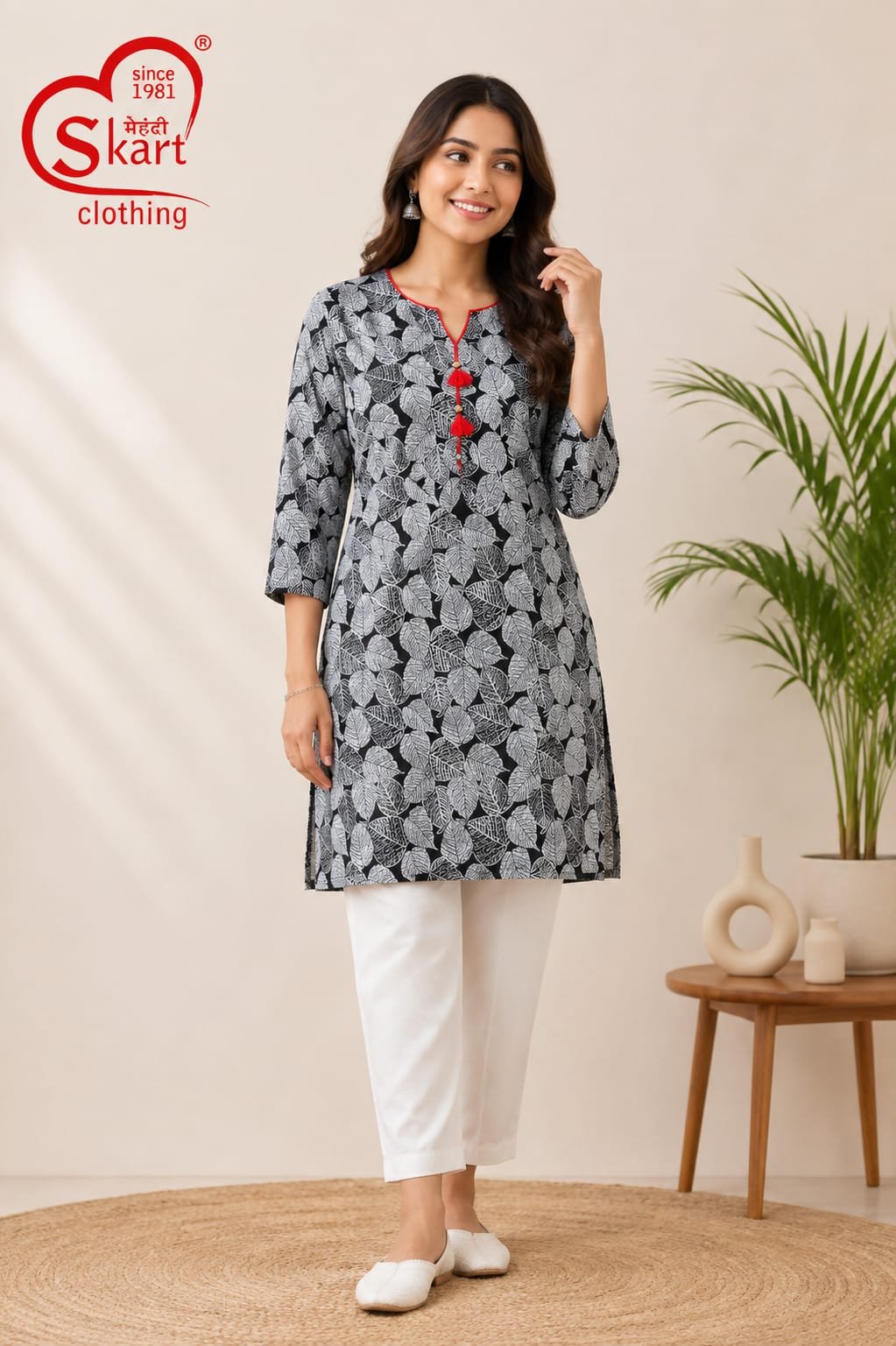 Black & White Leaf Printed Women’s Kurti