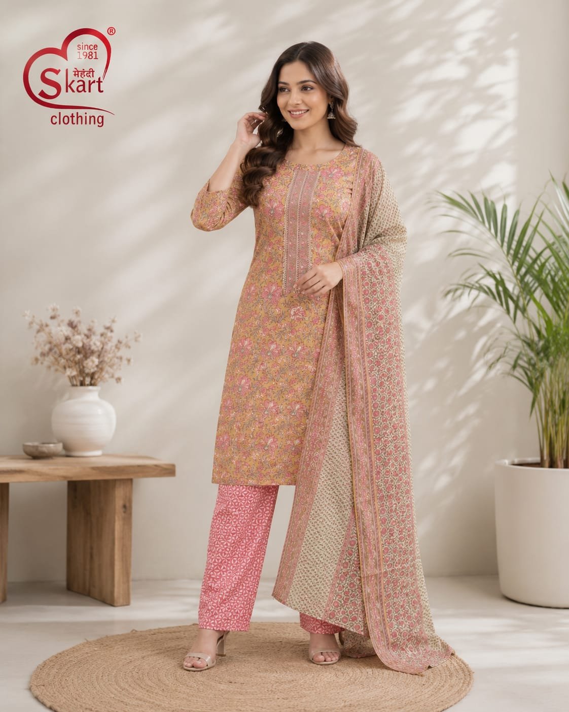 Pink & Beige Floral Printed Women’s Salwar Suit Set
