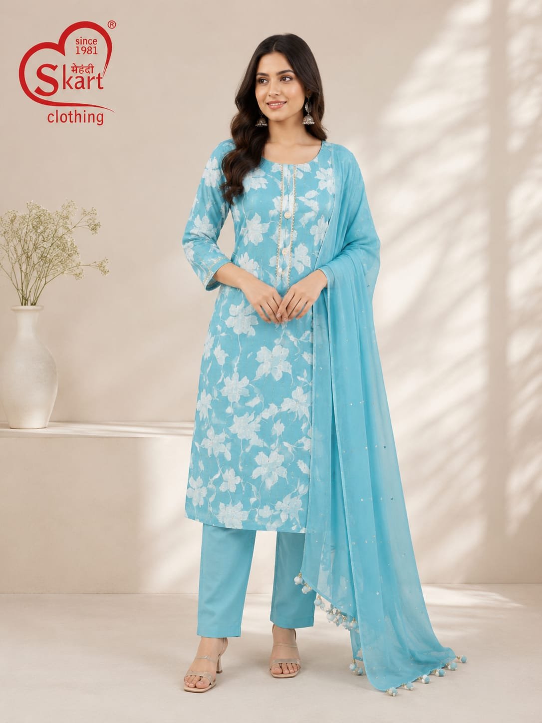Sky Blue Floral Printed Women’s Salwar Suit Set