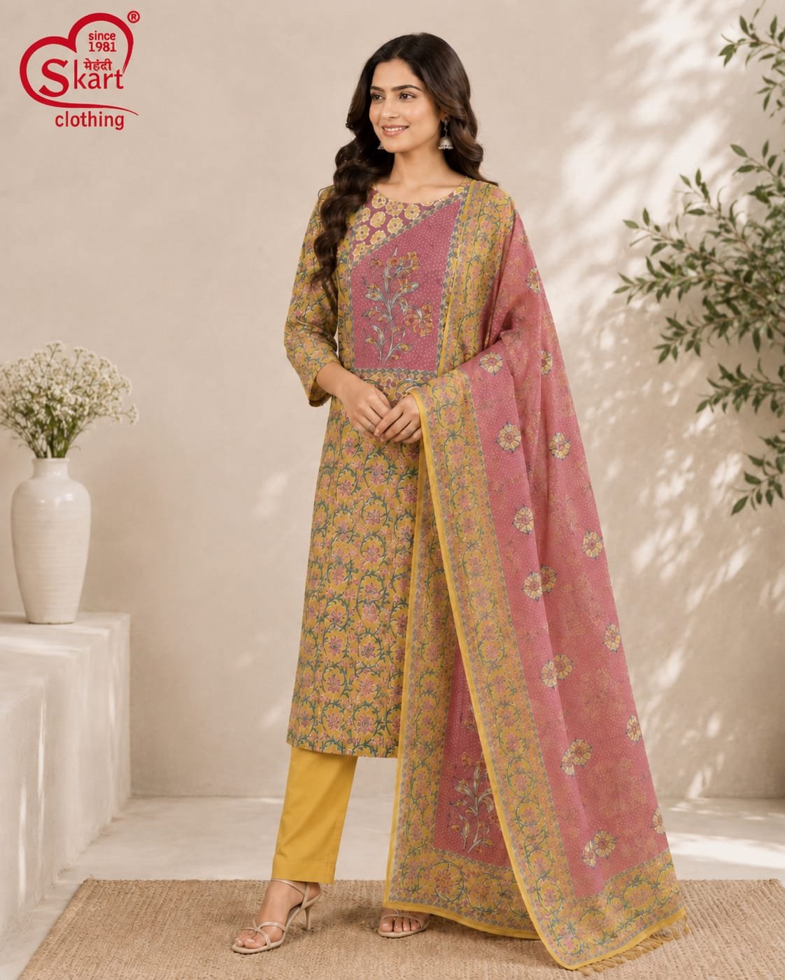Mustard & Pink Floral Printed Women’s Salwar Suit Set