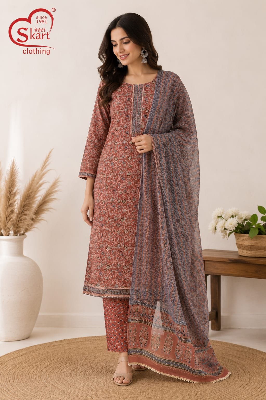 Rust & Blue Printed Women’s Salwar Suit Set with Dupatta