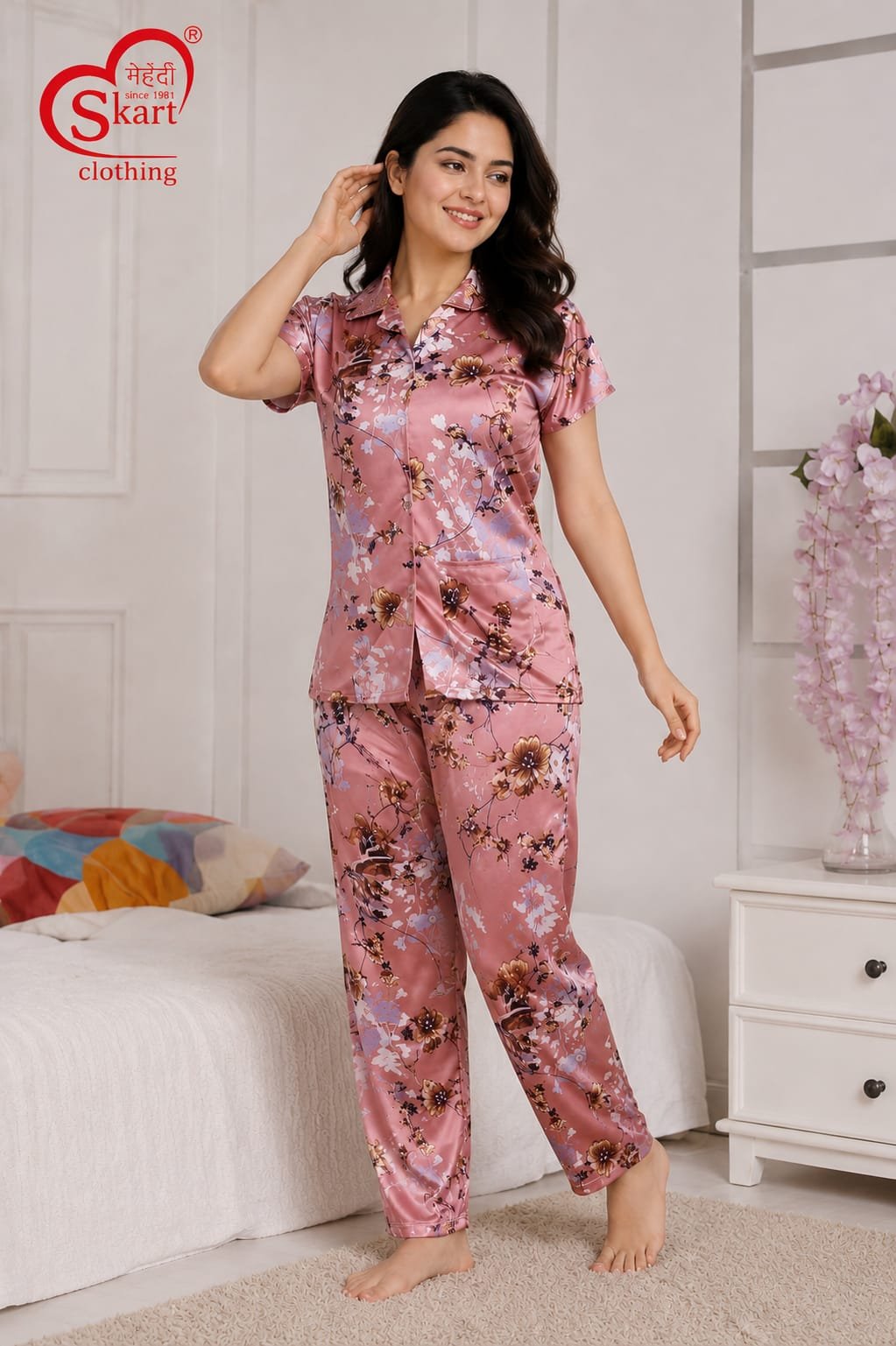 Pink Floral Printed Satin Women’s Night Suit