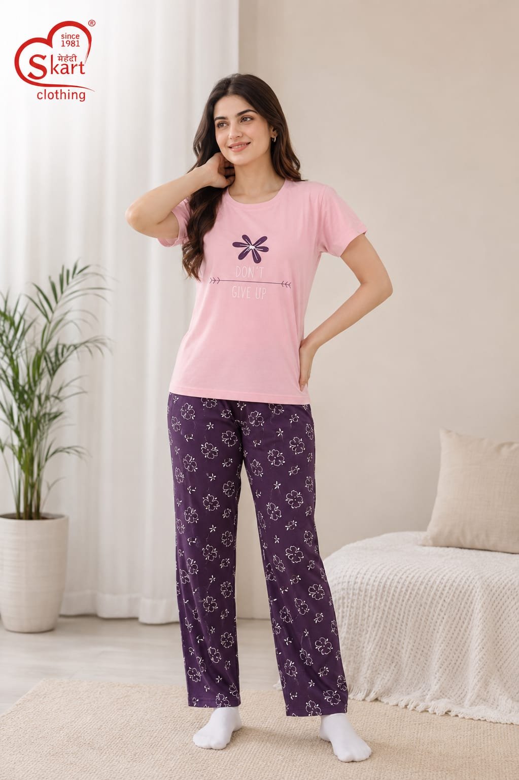 Pink “Don’t Give Up” Printed Women’s Night Suit