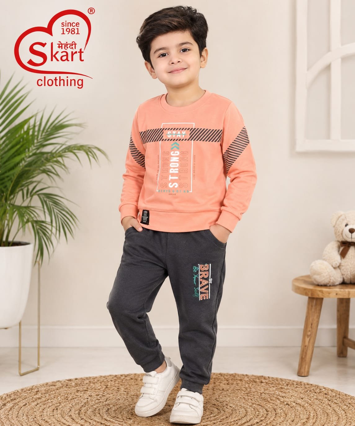Boys Stylish Peach Full Sleeve Sweatshirt with Dark Grey Joggers