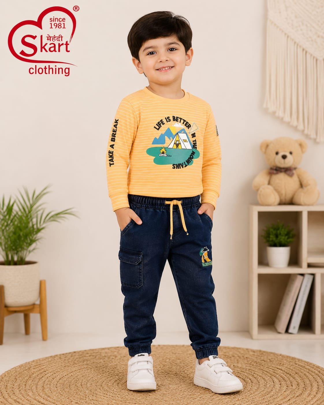 Boys Stylish Yellow Printed Sweatshirt with Navy Jogger Pants