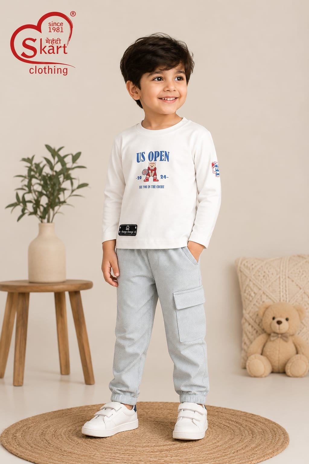 White Printed Full-Sleeve T-Shirt with Grey Check Cargo Pants for Boys