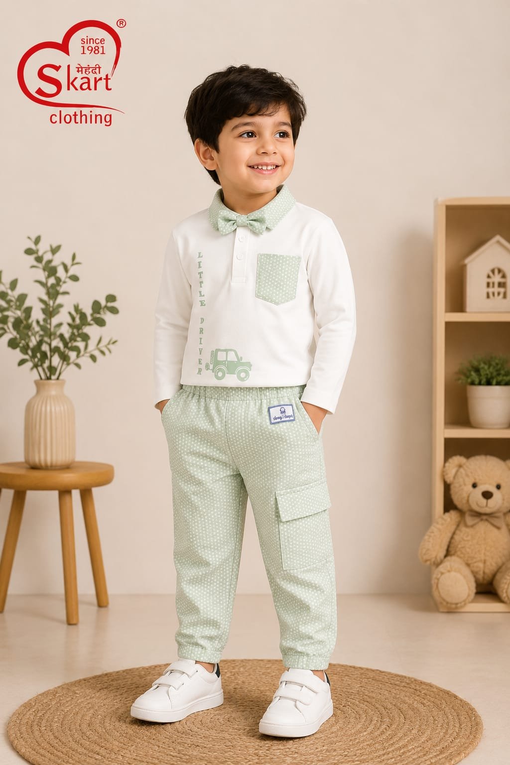 White Printed Polo Sweatshirt with Mint Green Cargo Jogger Set for Boys