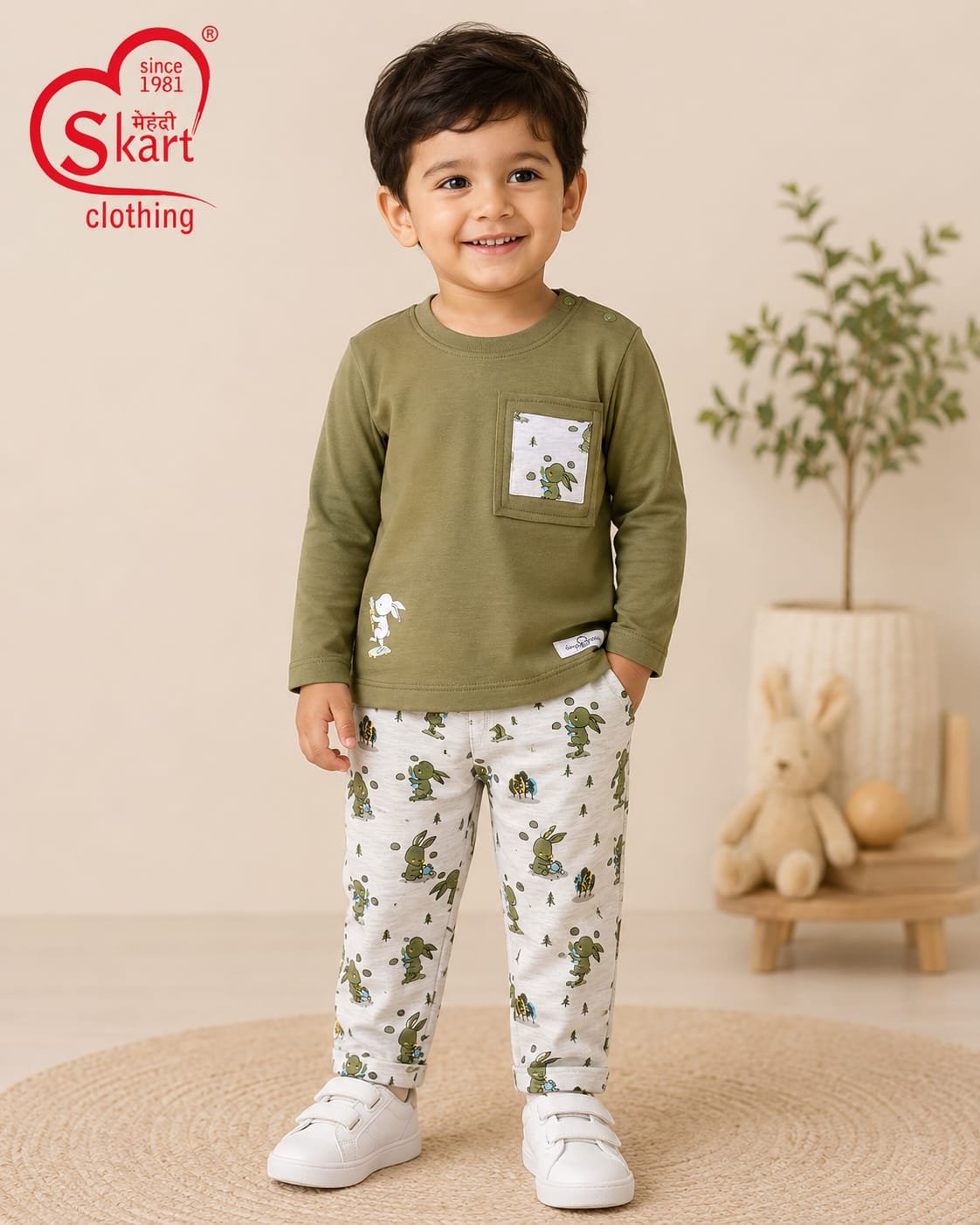 Boys’ Olive Green Full-Sleeve T-Shirt & Printed Pants Set