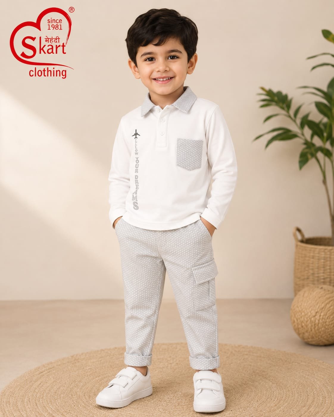 Boys’ White Full-Sleeve Polo T-Shirt & Grey Cargo Pants Set
